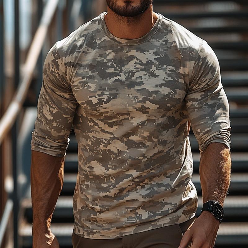 Men's Retro Casual Camouflage Printed Round Neck Long Sleeve T-Shirt 71775928TO