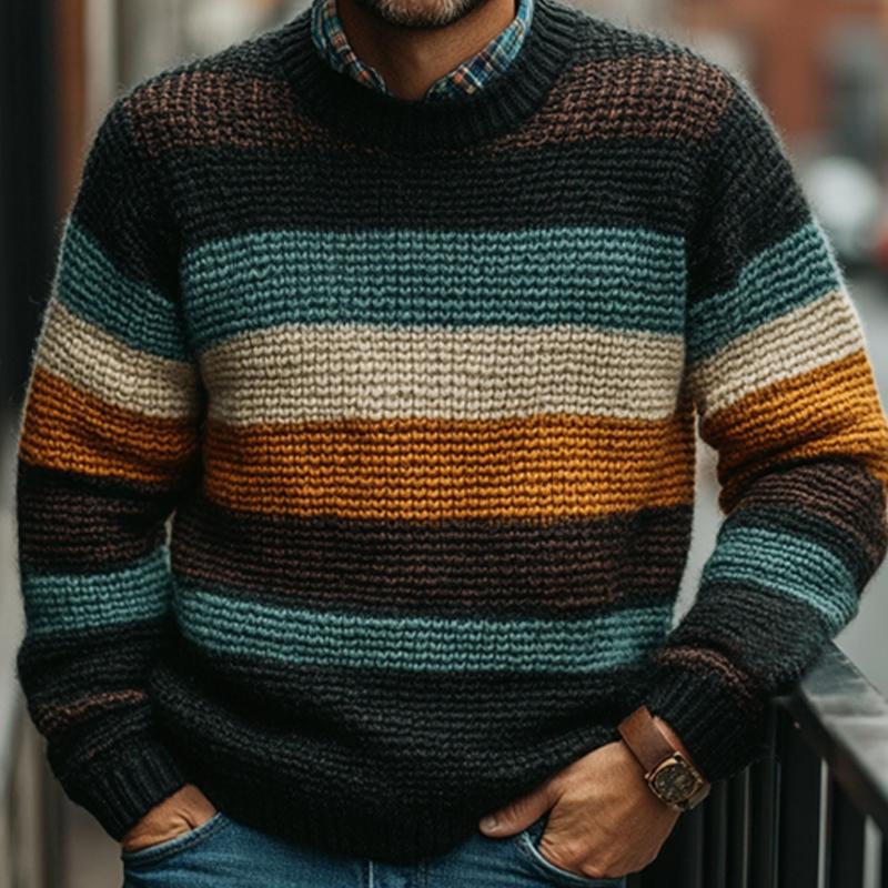 Men's Multicolor Line Crew Neck Knit Sweater 59486199U