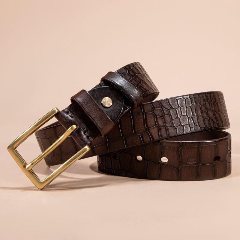 Men's First-layer Genuine Leather Pure Copper Bronze Buckle Cowhide Leather Belt 21888959U