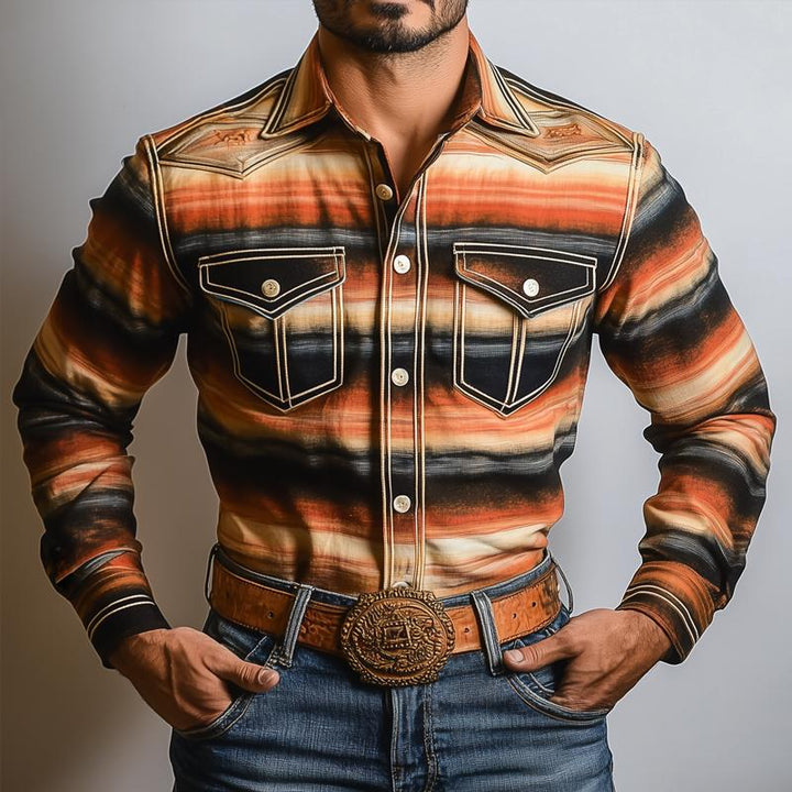 Men's Western Style Graphic Lapel Chest Pocket Long Sleeve Shirt 69517926Z