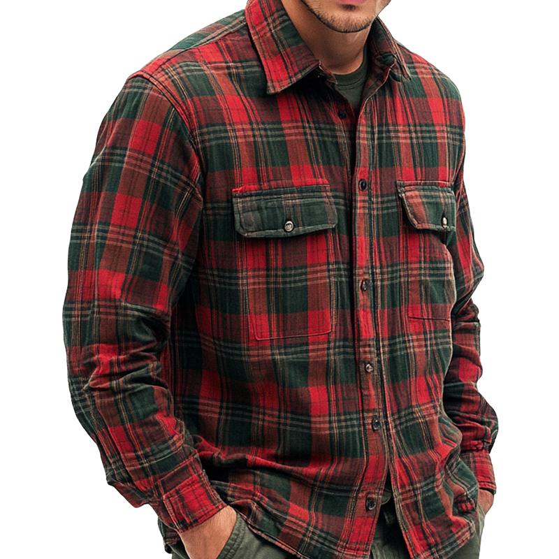 Men's Vintage Red Plaid Long Sleeve Shirt 24329713U