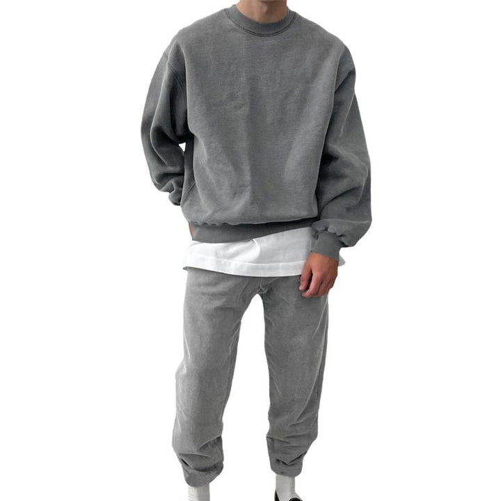 Men's Solid Color Loose Round Neck Long Sleeve Sweatshirt Elastic Waist Pants Casual Set 10242118Z