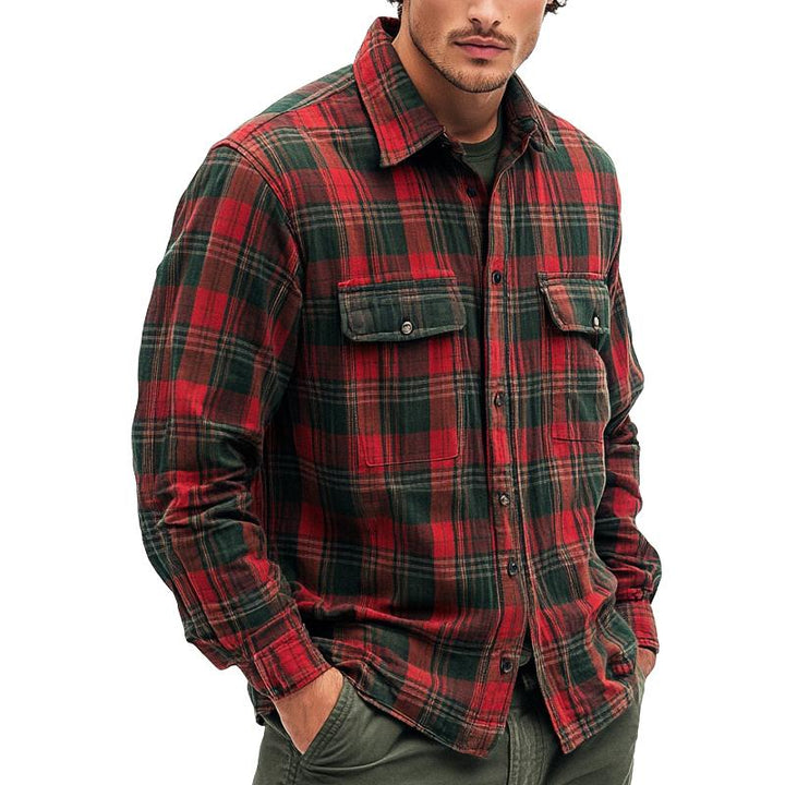 Men's Vintage Red Plaid Long Sleeve Shirt 24329713U