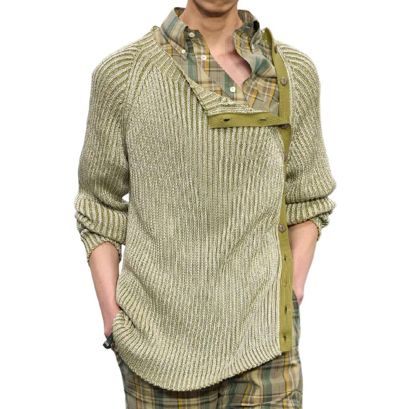 Men's Vintage Button Slanted Placket Round Neck Knit Sweater 17043850M