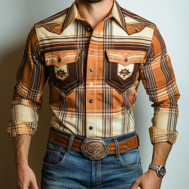 Men's Western Style Graphic Lapel Chest Pocket Long Sleeve Shirt 57924978Z