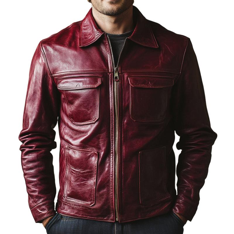 Men's Multi-Pocket Burgundy Lapel Leather Jacket 15524623F