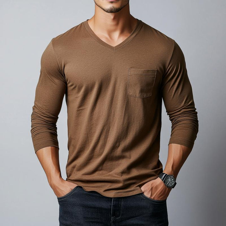 Men's Classic Casual V-Neck Pocket Cotton Long Sleeve T-Shirt 51687855K