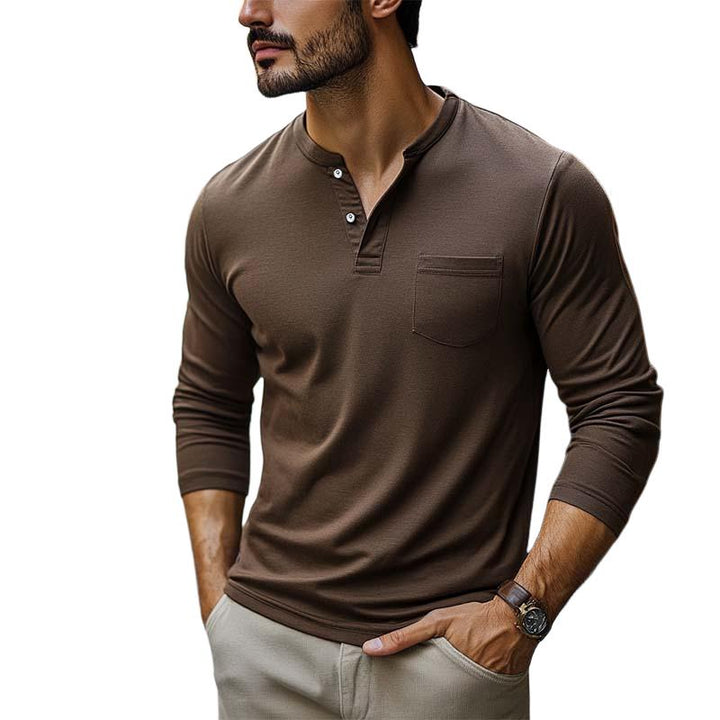 Men's Classic Casual V-Neck Pocket Cotton Long Sleeve T-Shirt 79171991K