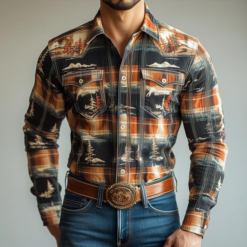 Men's Western Style Graphic Lapel Chest Pocket Long Sleeve Shirt 76647154Z