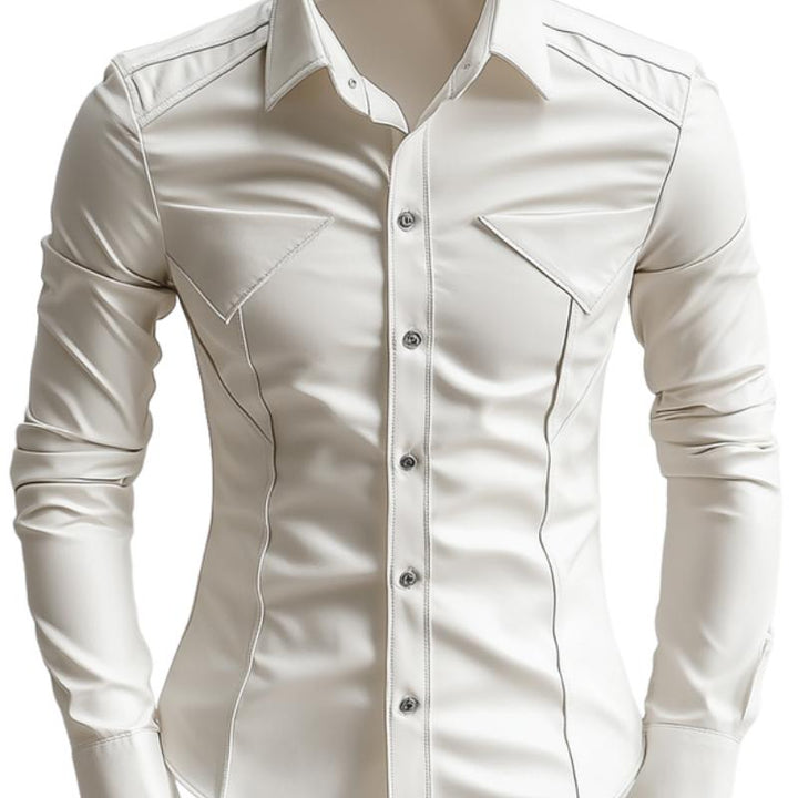 Men's Classic Edgy Slim Lapel Long Sleeve Leather Shirt 80889750F