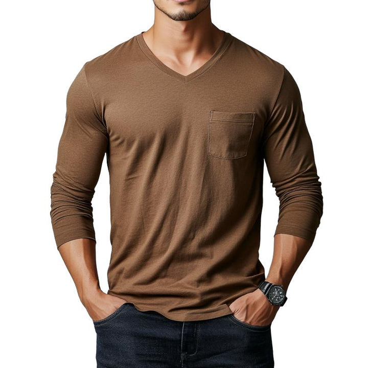 Men's Classic Casual V-Neck Pocket Cotton Long Sleeve T-Shirt 51687855K