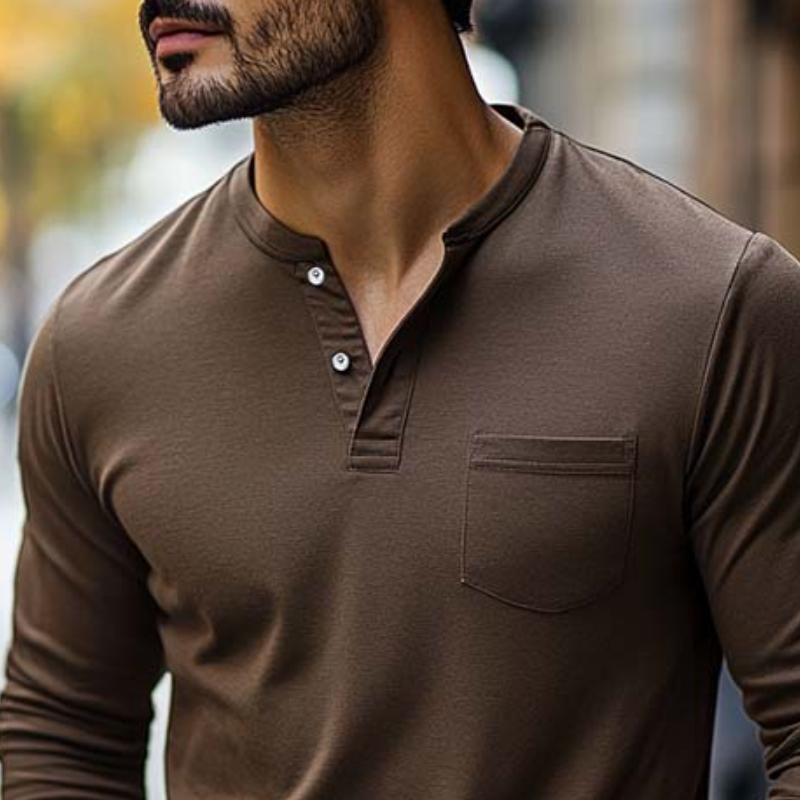 Men's Classic Casual V-Neck Pocket Cotton Long Sleeve T-Shirt 79171991K