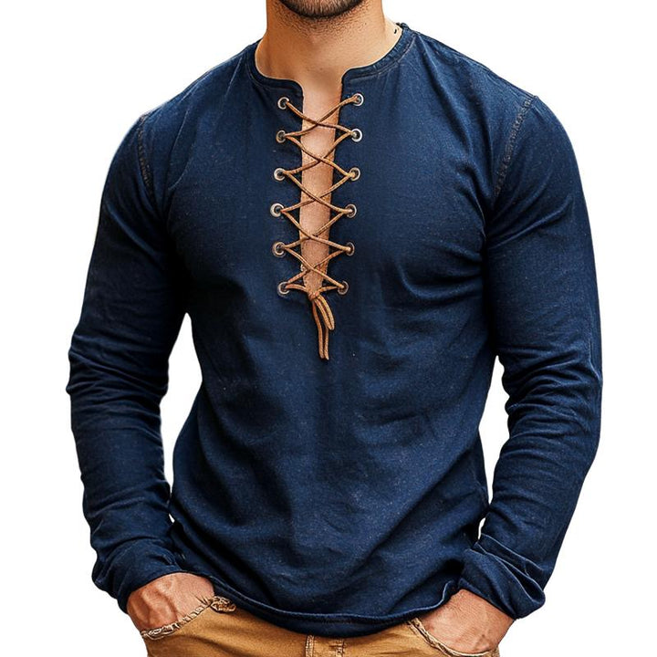 Men's Retro Casual Solid Color Lace-up Long Sleeve T-shirt 56926737TO