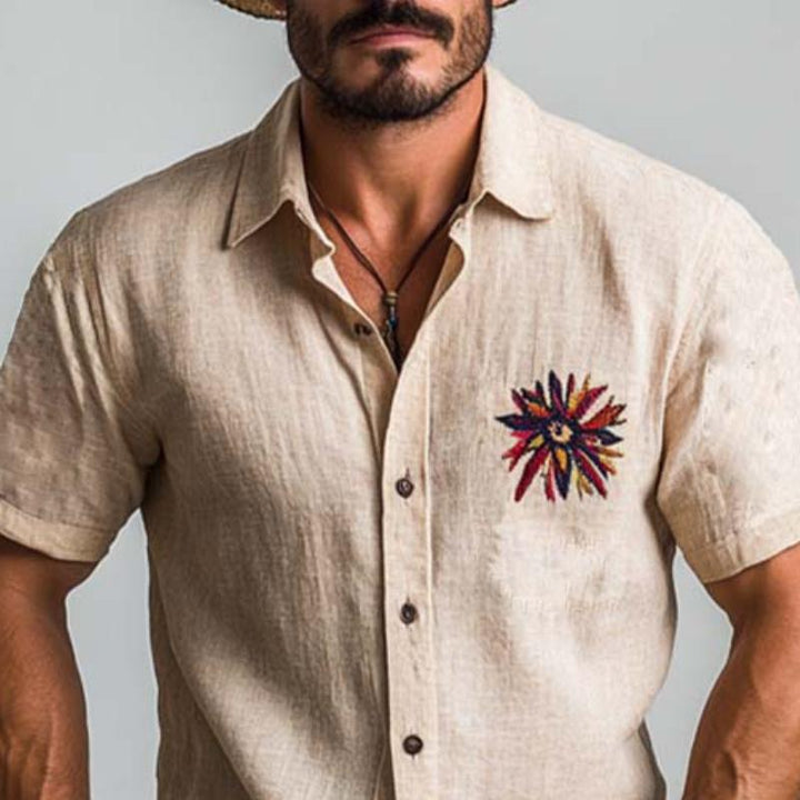 Men's Classic Vintage Slim Fit Chest Embroidered Linen Shirt 35270779K