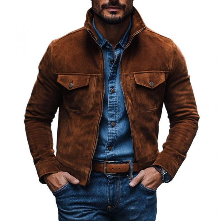 Men's Casual Suede Stand Collar Single Breasted Slim Fit Jacket 05549007M