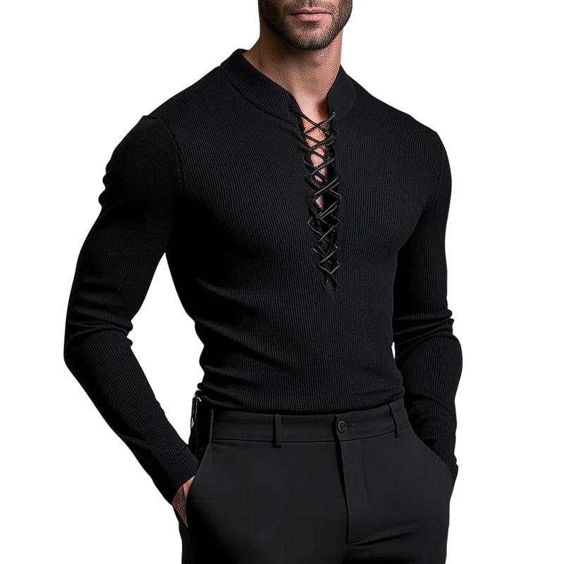 Men's Casual Solid Color Ribbed Neck Tie Slim Fit Long Sleeve T-shirt 25203773Y