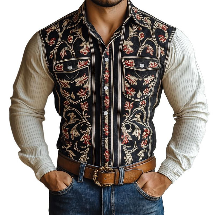 Men's Western Style Graphic Lapel Chest Pocket Long Sleeve Shirt 53586709Z