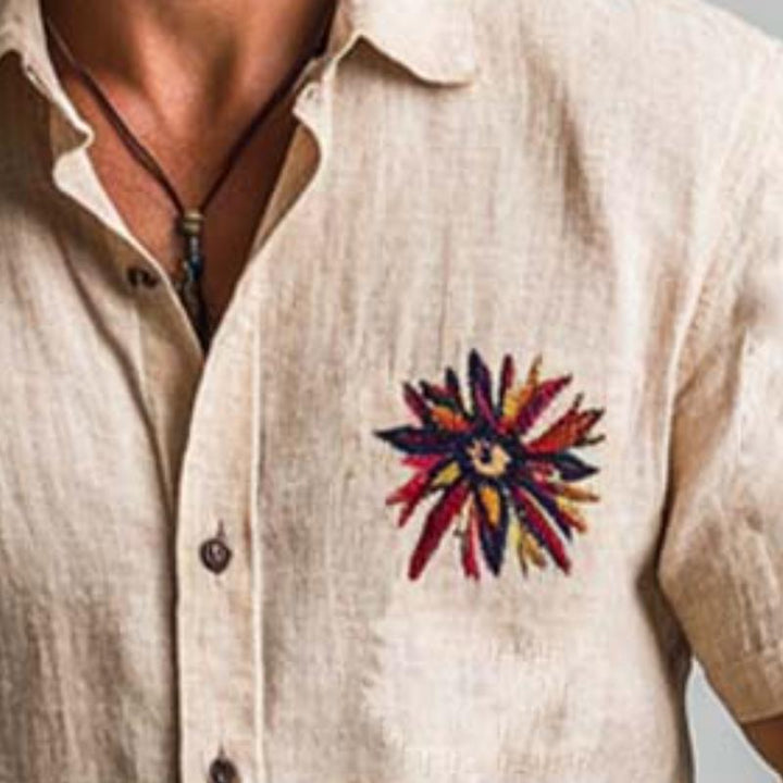 Men's Classic Vintage Slim Fit Chest Embroidered Linen Shirt 35270779K