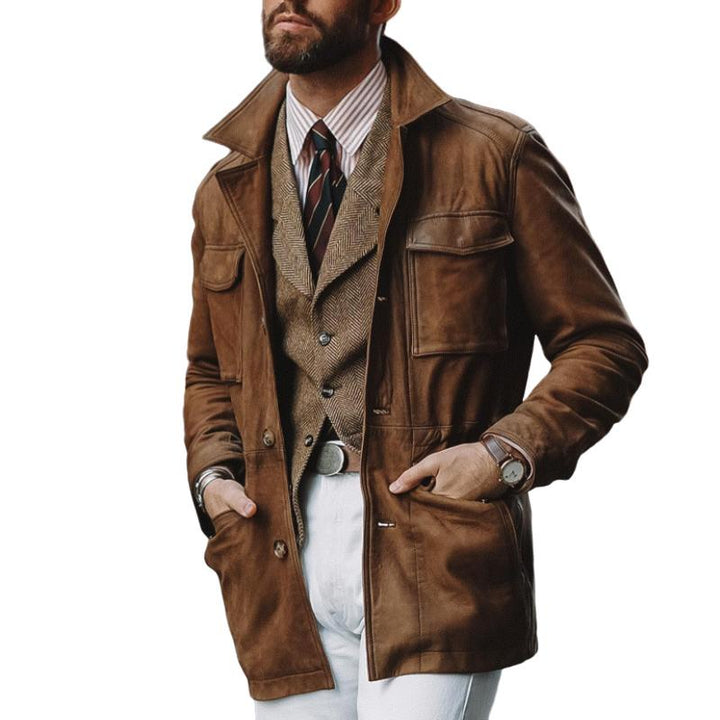 Men's Classic Vintage Lapel Multi-Pocket Suede Jacket 42806606K