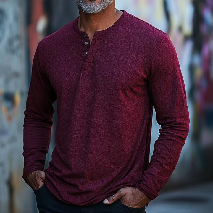 Men's Classic Burgundy Henley Collar Long Sleeve T-Shirt 02859889F