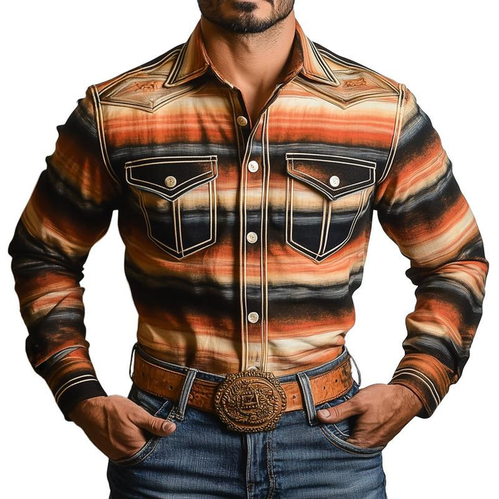 Men's Western Style Graphic Lapel Chest Pocket Long Sleeve Shirt 69517926Z