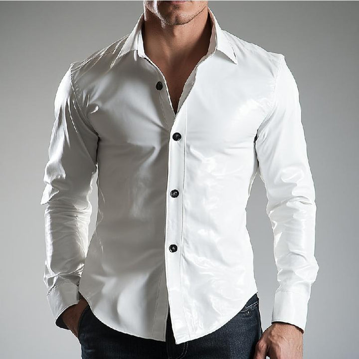 Men's Versatile Solid Color Slim Fit Lapel Long Sleeve Leather Shirt 69454545F