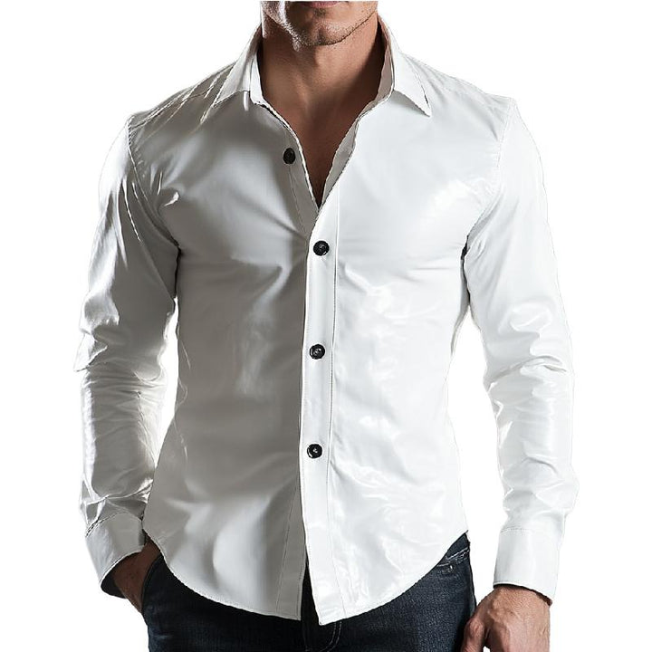 Men's Versatile Solid Color Slim Fit Lapel Long Sleeve Leather Shirt 69454545F