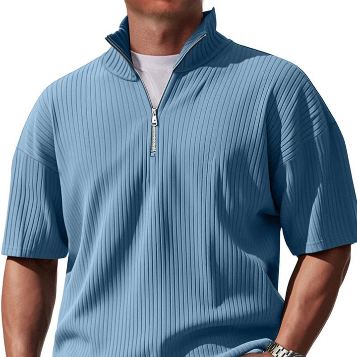 Men's Solid Color Striped Stand Collar Short Sleeve Polo Shirt 52420686Z