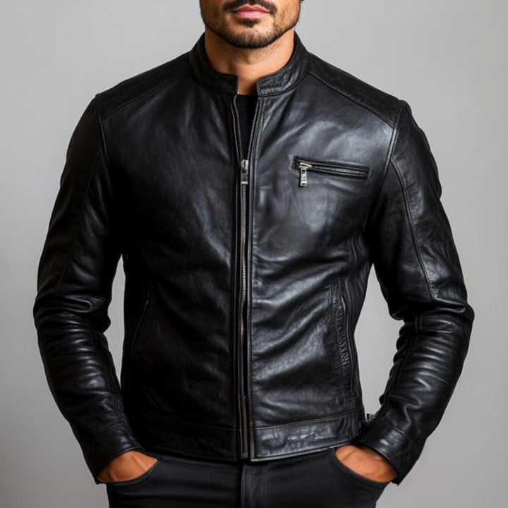 Men's Classic Stand Collar Leather Jacket 33085559F