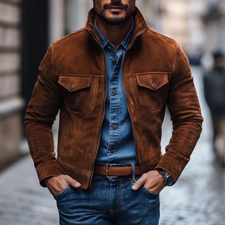 Men's Casual Suede Stand Collar Single Breasted Slim Fit Jacket 05549007M