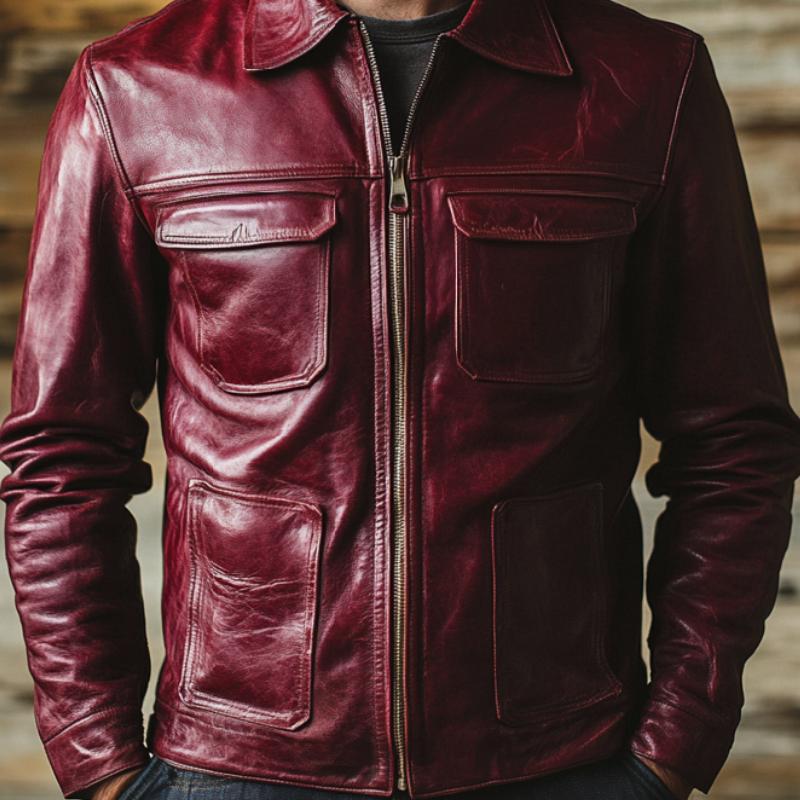 Men's Multi-Pocket Burgundy Lapel Leather Jacket 15524623F