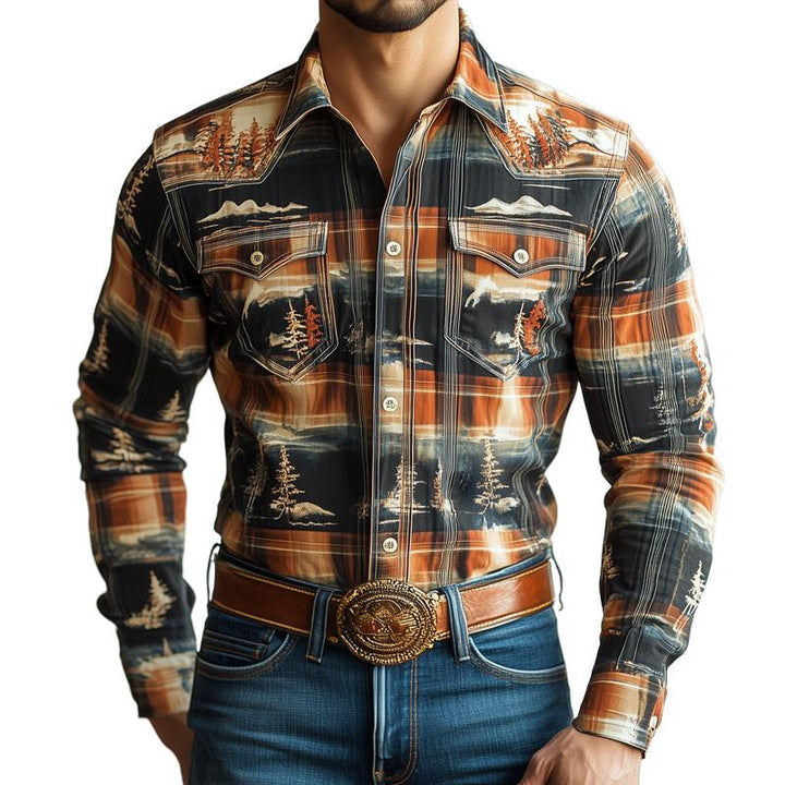 Men's Western Style Graphic Lapel Chest Pocket Long Sleeve Shirt 76647154Z