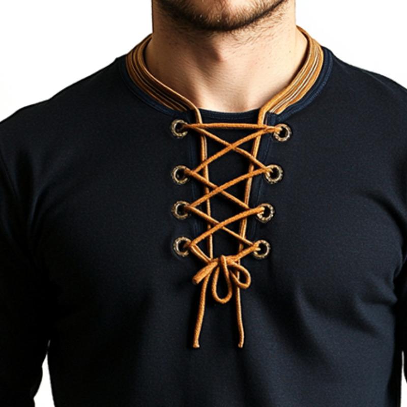 Men's Retro Casual Solid Color Lace-up Long Sleeve T-shirt 45801621TO