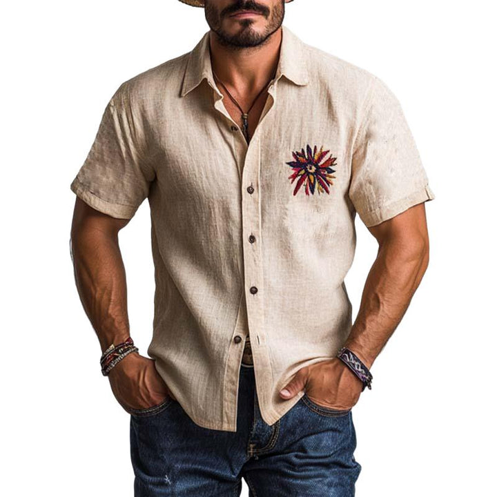 Men's Classic Vintage Slim Fit Chest Embroidered Linen Shirt 35270779K