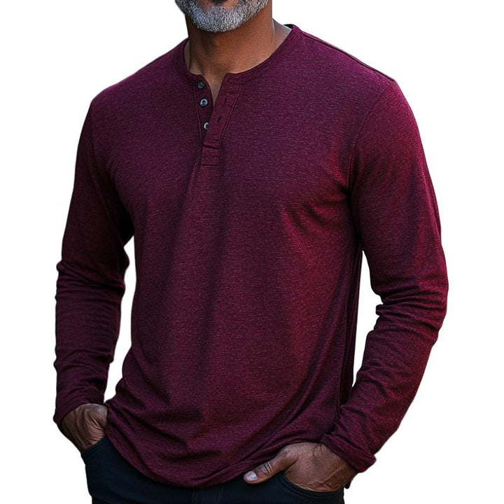 Men's Classic Burgundy Henley Collar Long Sleeve T-Shirt 02859889F