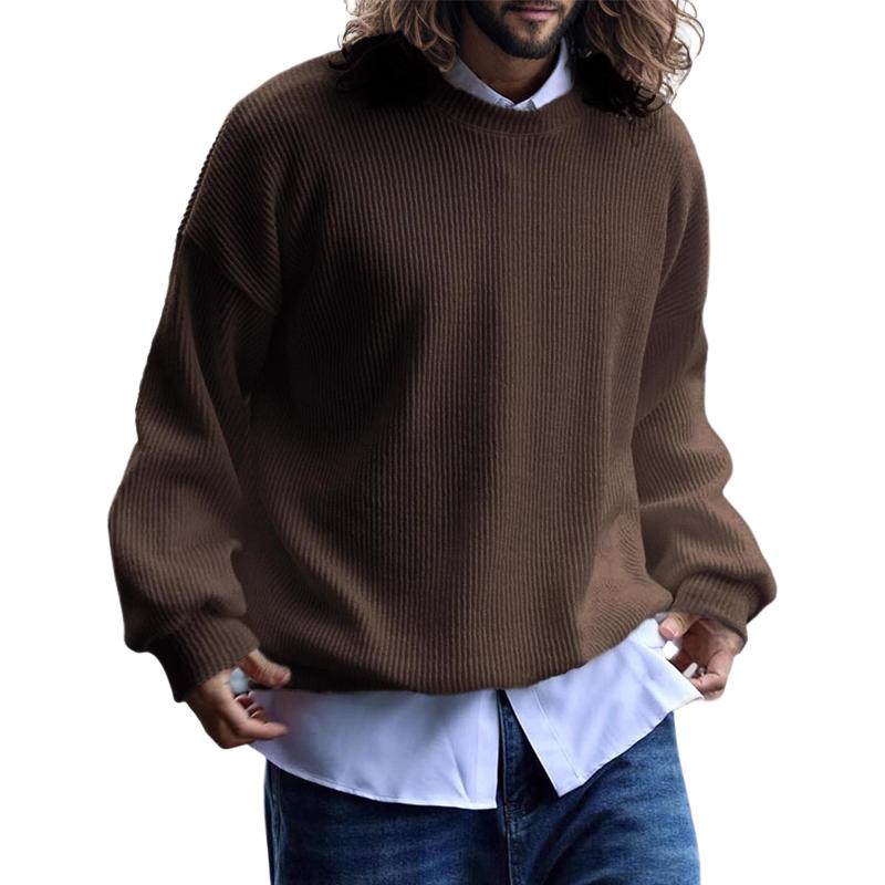 Men's Solid Color Striped Loose Round Neck Long Sleeve Casual Sweatshirt 79844460Z