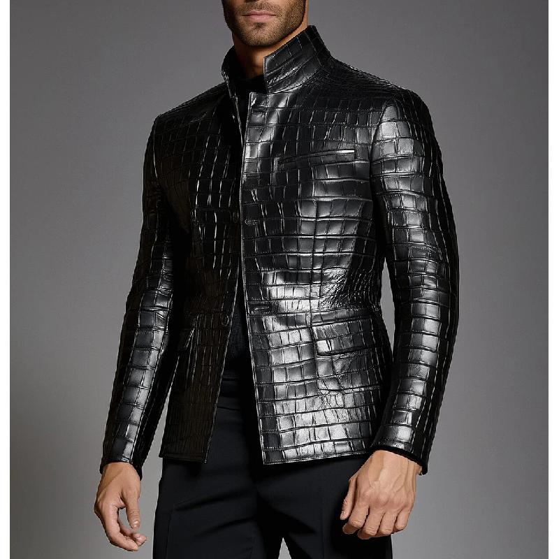 Men's Fashion Check Embossed Lapel Single Breasted Leather Blazer 64221991Y