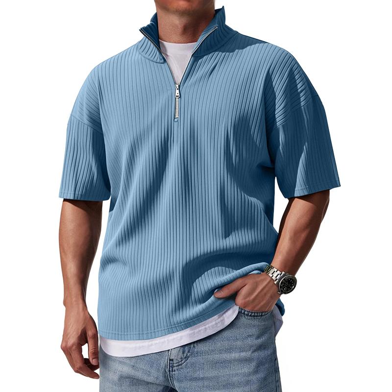 Men's Solid Color Striped Stand Collar Short Sleeve Polo Shirt 52420686Z