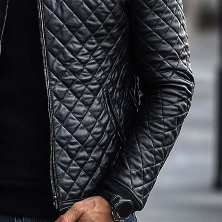 Men's Fashion Casual Diamond Quilted Slim Fit Leather Jacket 51184456K