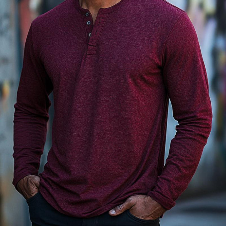 Men's Classic Burgundy Henley Collar Long Sleeve T-Shirt 02859889F