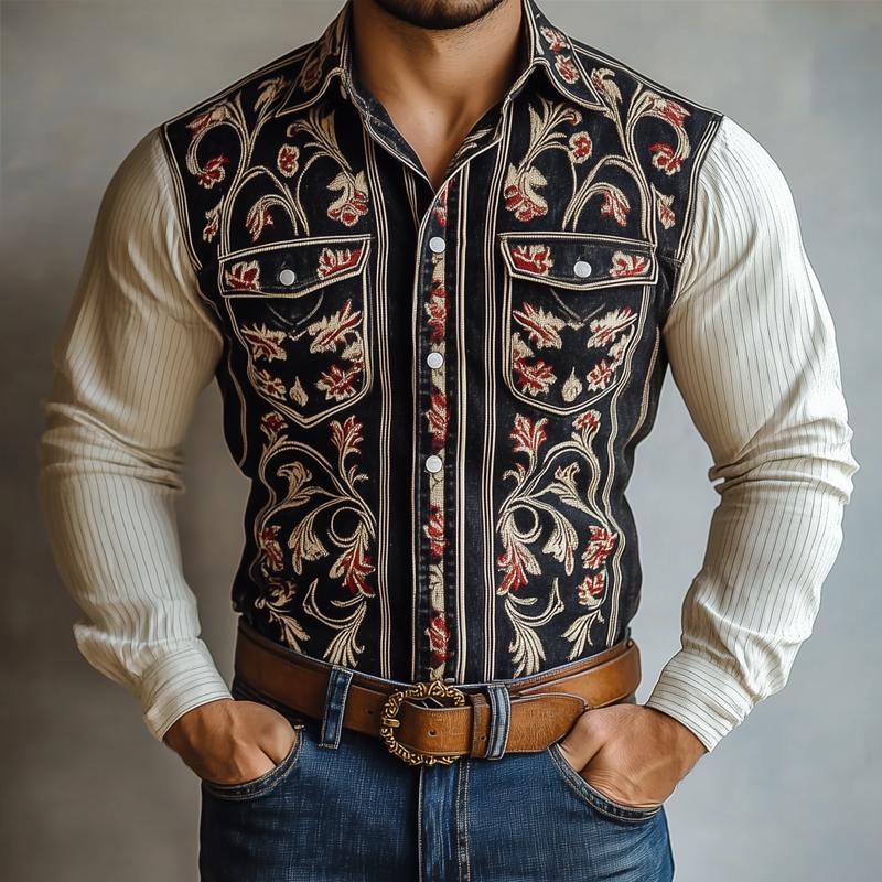 Men's Western Style Graphic Lapel Chest Pocket Long Sleeve Shirt 53586709Z