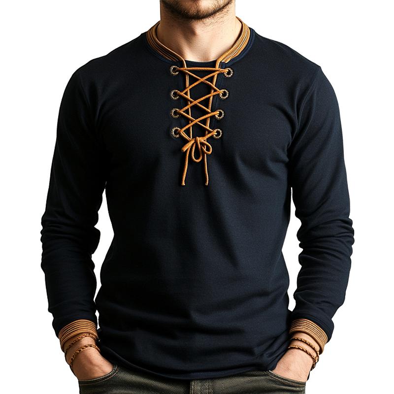 Men's Retro Casual Solid Color Lace-up Long Sleeve T-shirt 45801621TO