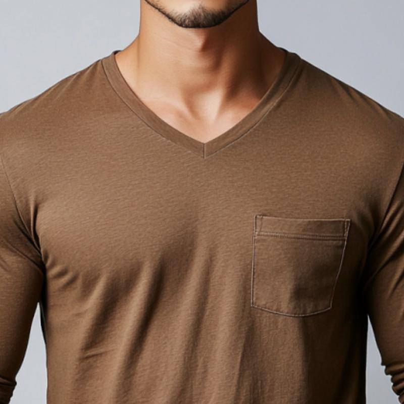 Men's Classic Casual V-Neck Pocket Cotton Long Sleeve T-Shirt 51687855K