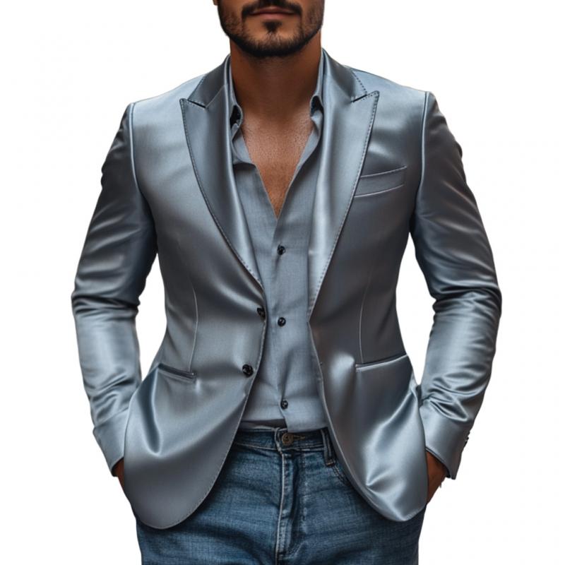 Men's Elegant Satin Peak Lapel Single-breasted Slim-fit Blazer 02281793M