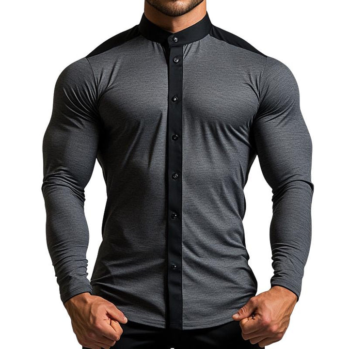 Men's Retro Casual Stitching Stand Collar Long Sleeve Shirt 06025399TO