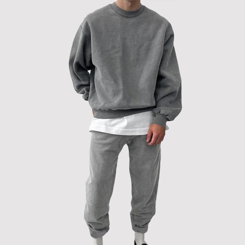 Men's Solid Color Loose Round Neck Long Sleeve Sweatshirt Elastic Waist Pants Casual Set 10242118Z