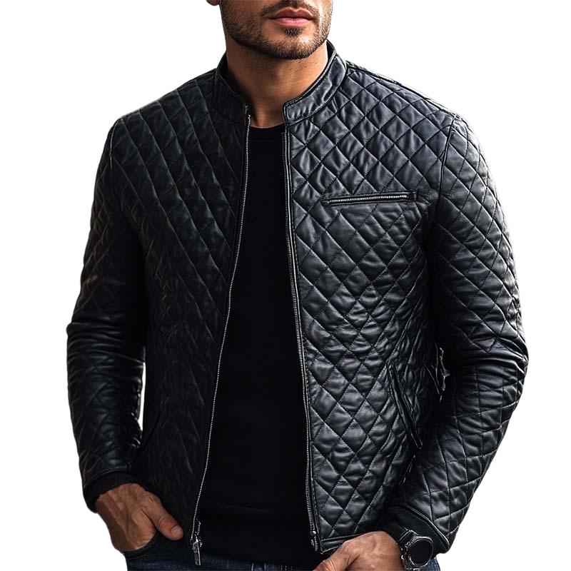 Men's Fashion Casual Diamond Quilted Slim Fit Leather Jacket 51184456K