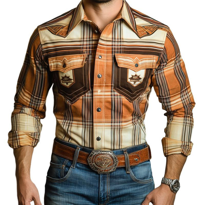 Men's Western Style Graphic Lapel Chest Pocket Long Sleeve Shirt 57924978Z