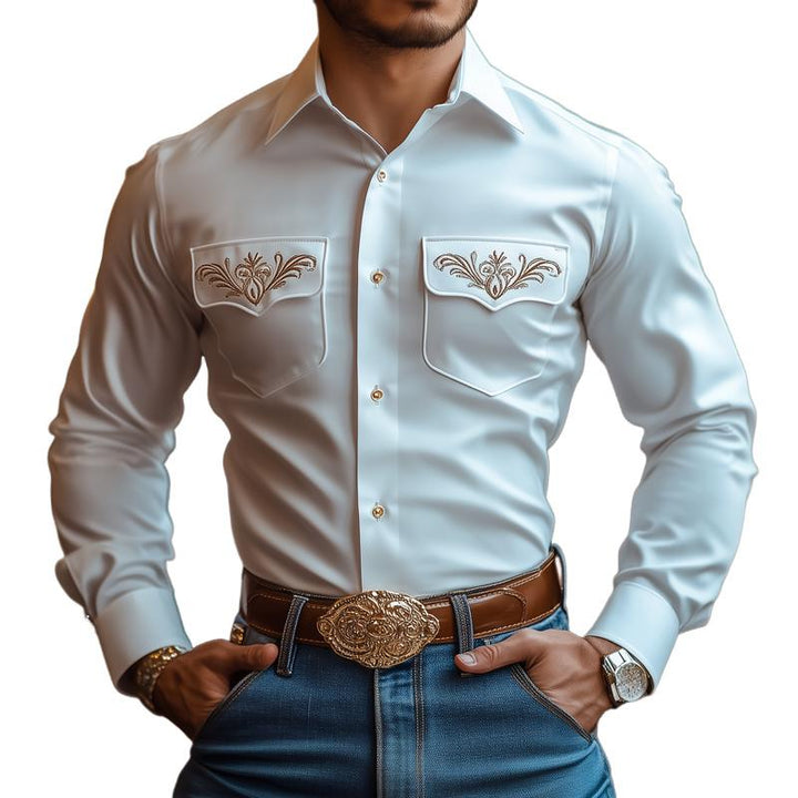 Men's Vintage Embroidered Pockets Lapel Long Sleeve Shirt 78447013Z