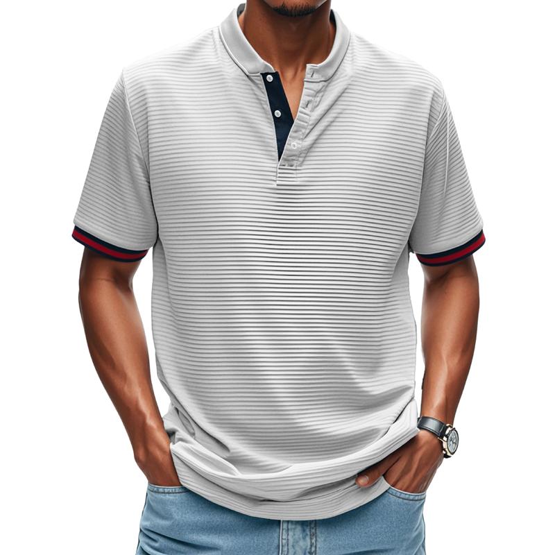 Men's Solid Color Striped Henley Collar Short Sleeve T-shirt 34861781Z